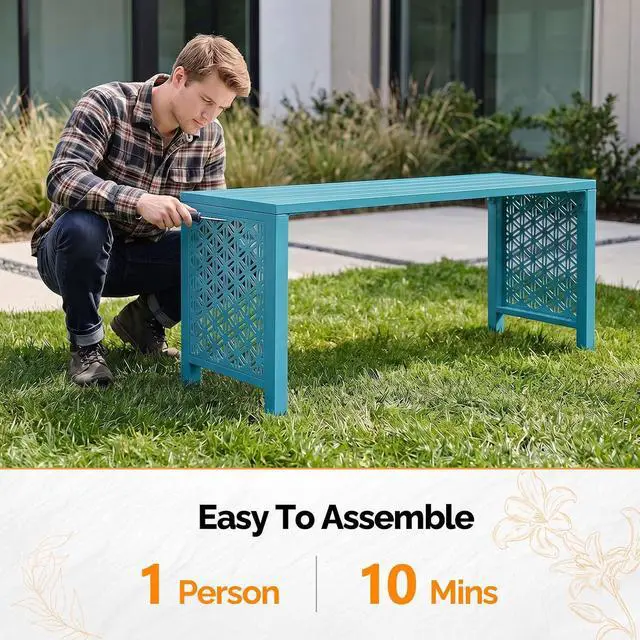 Alt view image 7 of 7 - 40in Outdoor Metal Bench, All-Weathe Backless Patio Bench with Slatted SeatFloral Side Panels, Rust-Resistant Garden Bench, Weatherproof Outdoor Seating for Porch Entryway Backyard (Blue)