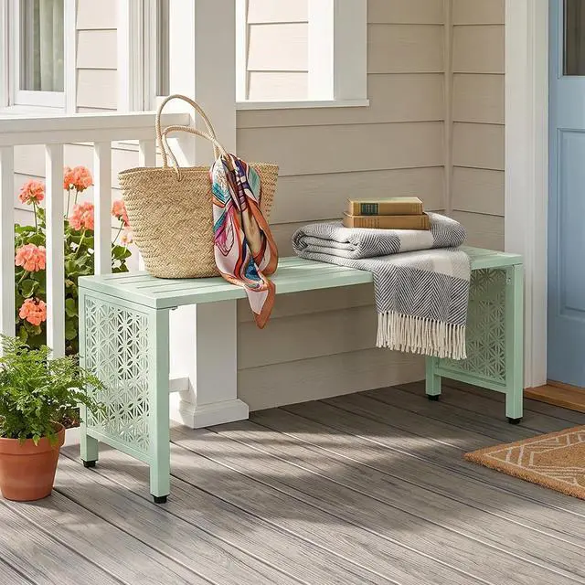 Alt view image 2 of 7 - 40in Outdoor Metal Bench, All-Weathe Backless Patio Bench with Slatted SeatFloral Side Panels, Rust-Resistant Garden Bench, Weatherproof Outdoor Seating for Porch Entryway Backyard (Green)