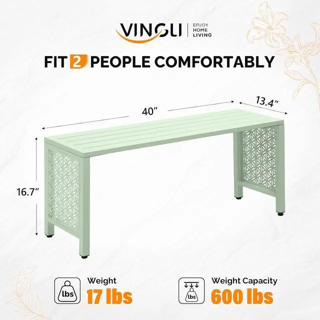 Alt view image 3 of 7 - 40in Outdoor Metal Bench, All-Weathe Backless Patio Bench with Slatted SeatFloral Side Panels, Rust-Resistant Garden Bench, Weatherproof Outdoor Seating for Porch Entryway Backyard (Green)