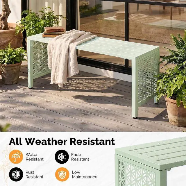 Alt view image 4 of 7 - 40in Outdoor Metal Bench, All-Weathe Backless Patio Bench with Slatted SeatFloral Side Panels, Rust-Resistant Garden Bench, Weatherproof Outdoor Seating for Porch Entryway Backyard (Green)
