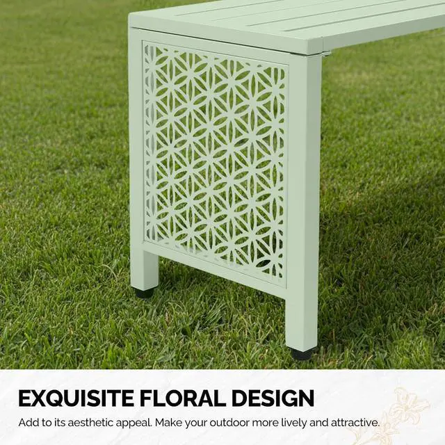Alt view image 6 of 7 - 40in Outdoor Metal Bench, All-Weathe Backless Patio Bench with Slatted SeatFloral Side Panels, Rust-Resistant Garden Bench, Weatherproof Outdoor Seating for Porch Entryway Backyard (Green)