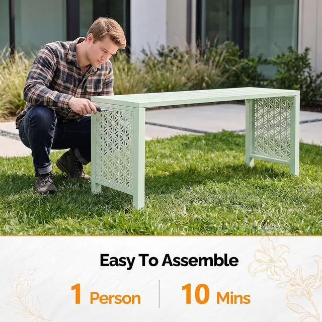 Alt view image 7 of 7 - 40in Outdoor Metal Bench, All-Weathe Backless Patio Bench with Slatted SeatFloral Side Panels, Rust-Resistant Garden Bench, Weatherproof Outdoor Seating for Porch Entryway Backyard (Green)