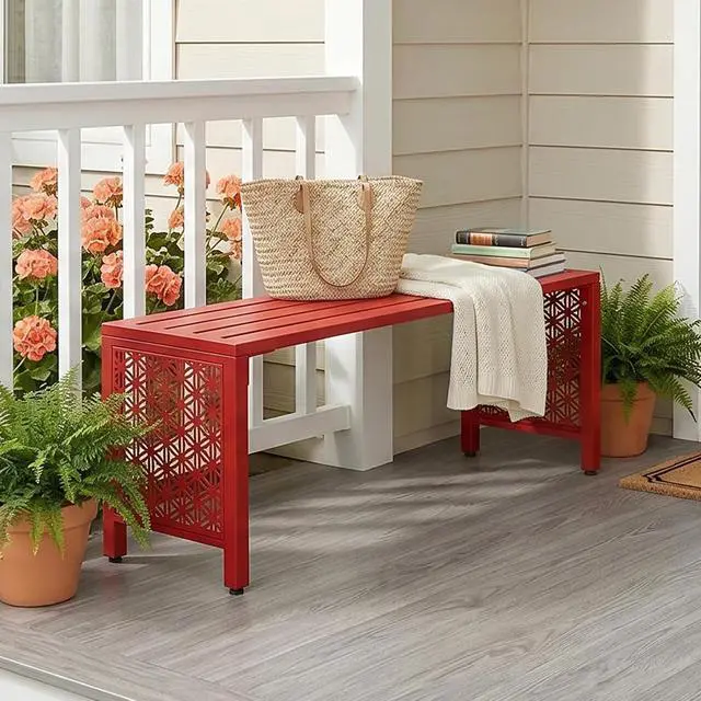 Alt view image 2 of 7 - 40in Outdoor Metal Bench, All-Weathe Backless Patio Bench with Slatted SeatFloral Side Panels, Rust-Resistant Garden Bench, Weatherproof Outdoor Seating for Porch Entryway Backyard (Red)