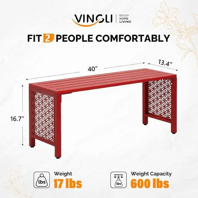 Alt view image 3 of 7 - 40in Outdoor Metal Bench, All-Weathe Backless Patio Bench with Slatted SeatFloral Side Panels, Rust-Resistant Garden Bench, Weatherproof Outdoor Seating for Porch Entryway Backyard (Red)