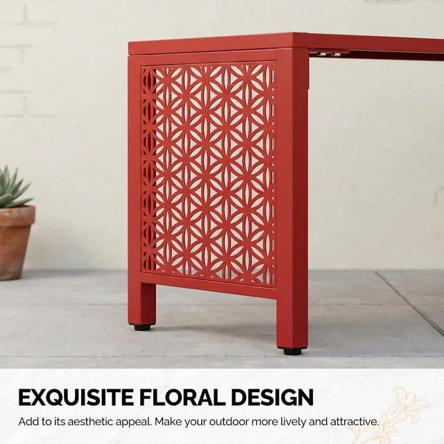 Alt view image 6 of 7 - 40in Outdoor Metal Bench, All-Weathe Backless Patio Bench with Slatted SeatFloral Side Panels, Rust-Resistant Garden Bench, Weatherproof Outdoor Seating for Porch Entryway Backyard (Red)