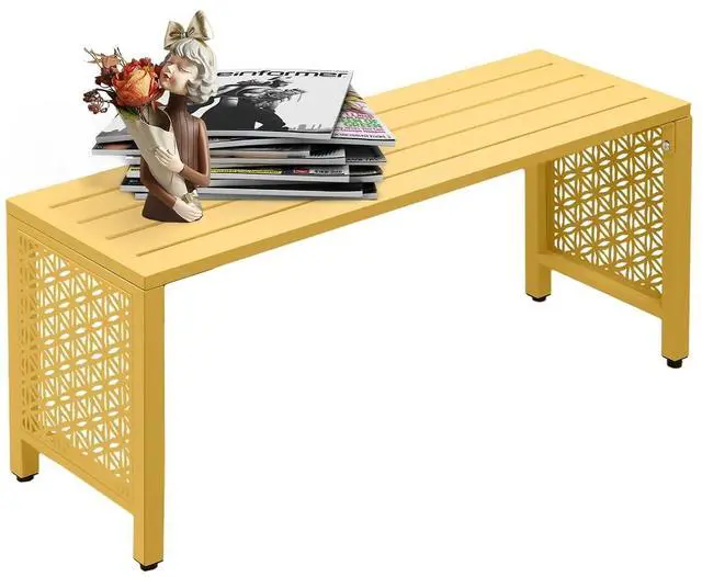 Main image of 40in Outdoor Metal Bench, All-Weathe Backless Patio Bench with Slatted SeatFloral Side Panels, Rust-Resistant Garden Bench, Weatherproof Outdoor Seating for Porch Entryway Backyard (Yellow)
