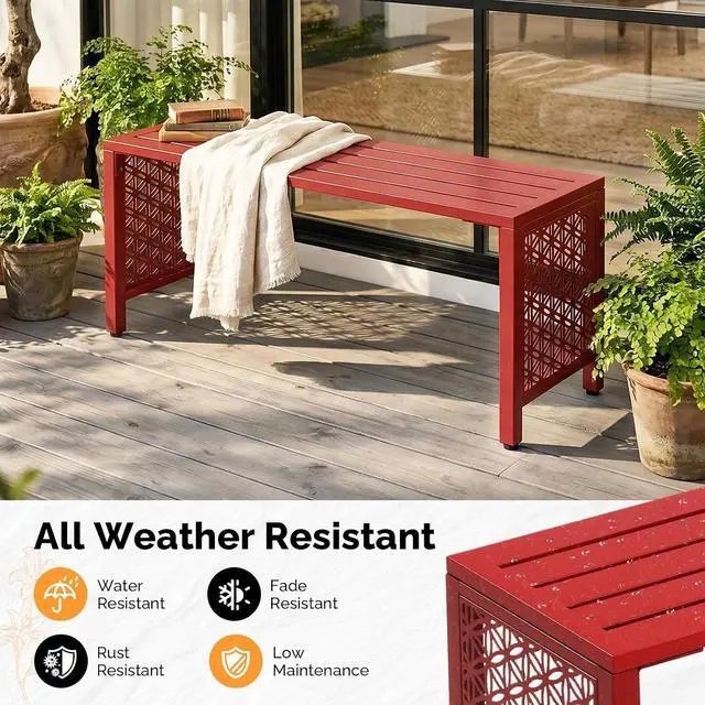 Alt view image 4 of 7 - 40in Outdoor Metal Bench, All-Weathe Backless Patio Bench with Slatted SeatFloral Side Panels, Rust-Resistant Garden Bench, Weatherproof Outdoor Seating for Porch Entryway Backyard (Red)