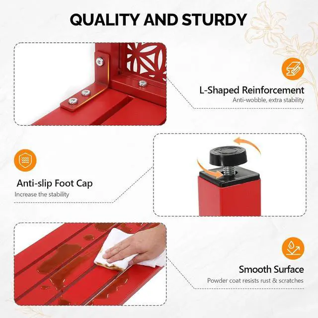 Alt view image 5 of 7 - 40in Outdoor Metal Bench, All-Weathe Backless Patio Bench with Slatted SeatFloral Side Panels, Rust-Resistant Garden Bench, Weatherproof Outdoor Seating for Porch Entryway Backyard (Red)