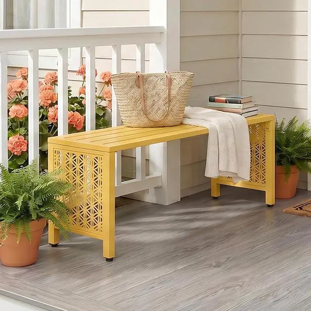 Alt view image 2 of 7 - 40in Outdoor Metal Bench, All-Weathe Backless Patio Bench with Slatted SeatFloral Side Panels, Rust-Resistant Garden Bench, Weatherproof Outdoor Seating for Porch Entryway Backyard (Yellow)