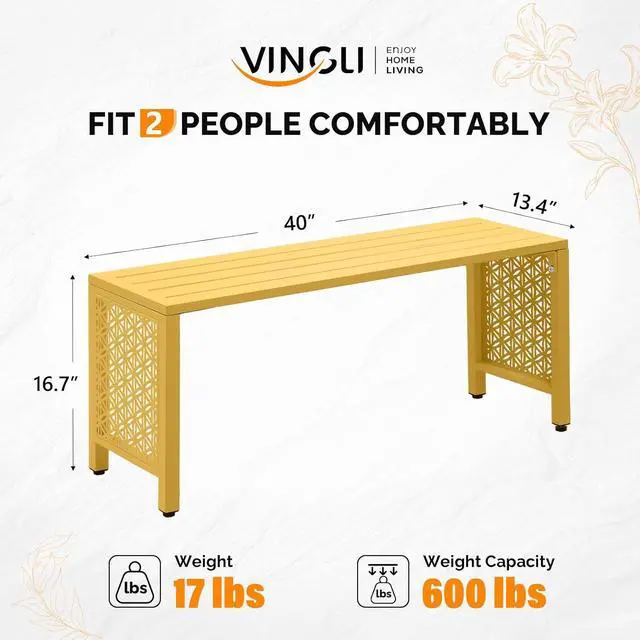 Alt view image 3 of 7 - 40in Outdoor Metal Bench, All-Weathe Backless Patio Bench with Slatted SeatFloral Side Panels, Rust-Resistant Garden Bench, Weatherproof Outdoor Seating for Porch Entryway Backyard (Yellow)