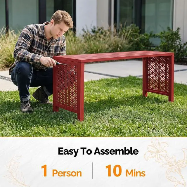 Alt view image 7 of 7 - 40in Outdoor Metal Bench, All-Weathe Backless Patio Bench with Slatted SeatFloral Side Panels, Rust-Resistant Garden Bench, Weatherproof Outdoor Seating for Porch Entryway Backyard (Red)