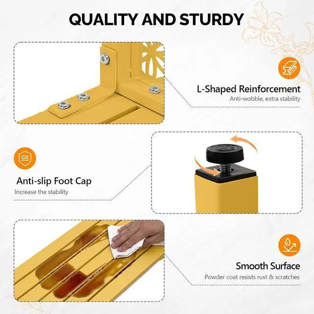 Alt view image 5 of 7 - 40in Outdoor Metal Bench, All-Weathe Backless Patio Bench with Slatted SeatFloral Side Panels, Rust-Resistant Garden Bench, Weatherproof Outdoor Seating for Porch Entryway Backyard (Yellow)