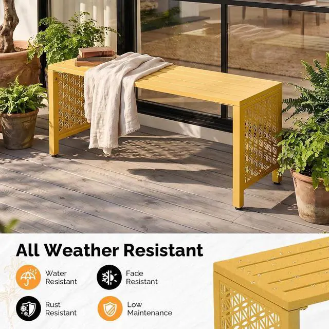 Alt view image 4 of 7 - 40in Outdoor Metal Bench, All-Weathe Backless Patio Bench with Slatted SeatFloral Side Panels, Rust-Resistant Garden Bench, Weatherproof Outdoor Seating for Porch Entryway Backyard (Yellow)