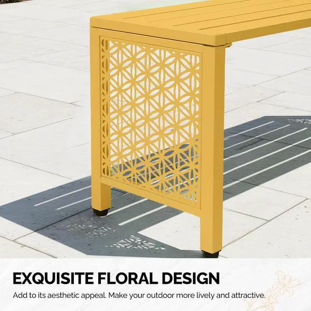 Alt view image 6 of 7 - 40in Outdoor Metal Bench, All-Weathe Backless Patio Bench with Slatted SeatFloral Side Panels, Rust-Resistant Garden Bench, Weatherproof Outdoor Seating for Porch Entryway Backyard (Yellow)