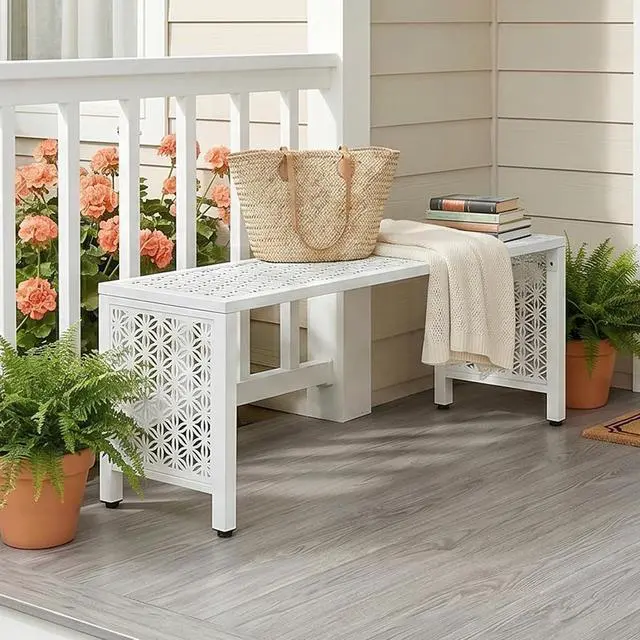 Alt view image 2 of 7 - 40in Outdoor Metal Bench, All-Weathe Backless Patio Bench with Slatted SeatFloral Side Panels, Rust-Resistant Garden Bench, Weatherproof Outdoor Seating for Porch Entryway Backyard (White)