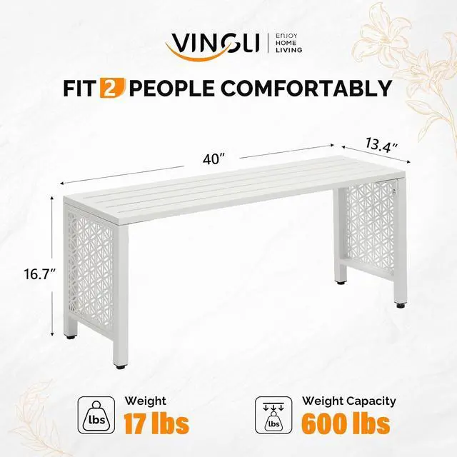 Alt view image 3 of 7 - 40in Outdoor Metal Bench, All-Weathe Backless Patio Bench with Slatted SeatFloral Side Panels, Rust-Resistant Garden Bench, Weatherproof Outdoor Seating for Porch Entryway Backyard (White)