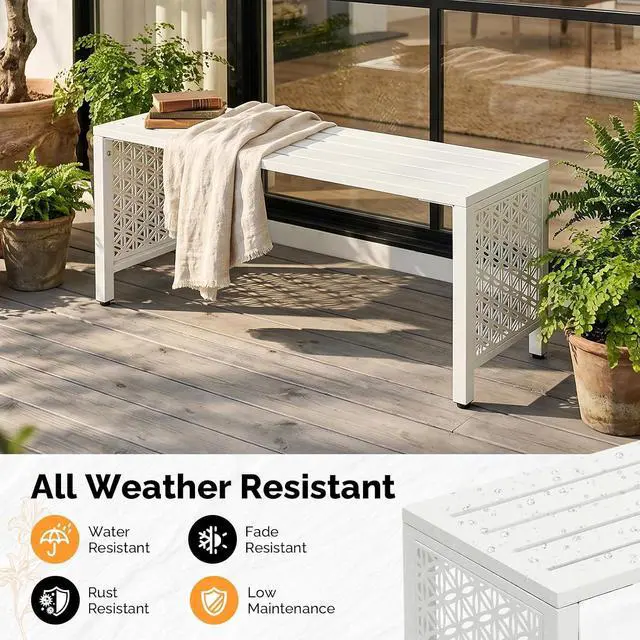 Alt view image 4 of 7 - 40in Outdoor Metal Bench, All-Weathe Backless Patio Bench with Slatted SeatFloral Side Panels, Rust-Resistant Garden Bench, Weatherproof Outdoor Seating for Porch Entryway Backyard (White)