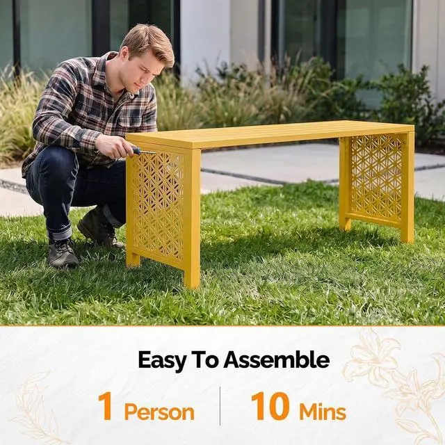 Alt view image 7 of 7 - 40in Outdoor Metal Bench, All-Weathe Backless Patio Bench with Slatted SeatFloral Side Panels, Rust-Resistant Garden Bench, Weatherproof Outdoor Seating for Porch Entryway Backyard (Yellow)