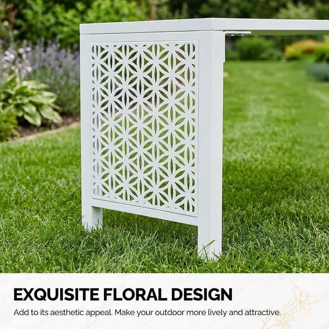 Alt view image 6 of 7 - 40in Outdoor Metal Bench, All-Weathe Backless Patio Bench with Slatted SeatFloral Side Panels, Rust-Resistant Garden Bench, Weatherproof Outdoor Seating for Porch Entryway Backyard (White)