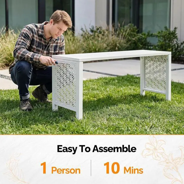 Alt view image 7 of 7 - 40in Outdoor Metal Bench, All-Weathe Backless Patio Bench with Slatted SeatFloral Side Panels, Rust-Resistant Garden Bench, Weatherproof Outdoor Seating for Porch Entryway Backyard (White)