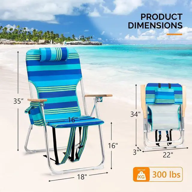 Alt view image 2 of 6 - 17" Tall Beach Chairs for Adults,Aluminum 4-Position Backpack Beach Chair with Wooden Armrests,Folding Lawn Chair for Outdoor, Camping, Patio