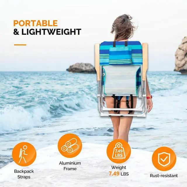 Alt view image 4 of 6 - 17" Tall Beach Chairs for Adults,Aluminum 4-Position Backpack Beach Chair with Wooden Armrests,Folding Lawn Chair for Outdoor, Camping, Patio