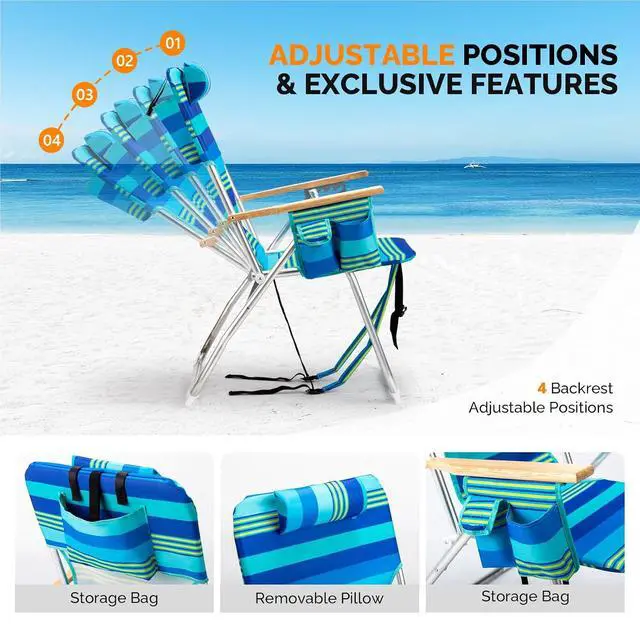 Alt view image 5 of 6 - 17" Tall Beach Chairs for Adults,Aluminum 4-Position Backpack Beach Chair with Wooden Armrests,Folding Lawn Chair for Outdoor, Camping, Patio