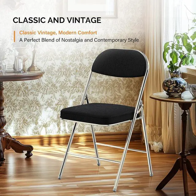Alt view image 3 of 7 - 4 Pack Folding Chairs with Padded Seat & Backrest, Metal Frame, Durable Corduroy Fabric, 350 lbs Capacity, Set of 4, Black Ideal for Weddings, Parties, Office Events
