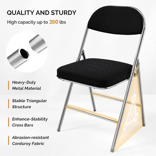 Alt view image 4 of 7 - 4 Pack Folding Chairs with Padded Seat & Backrest, Metal Frame, Durable Corduroy Fabric, 350 lbs Capacity, Set of 4, Black Ideal for Weddings, Parties, Office Events