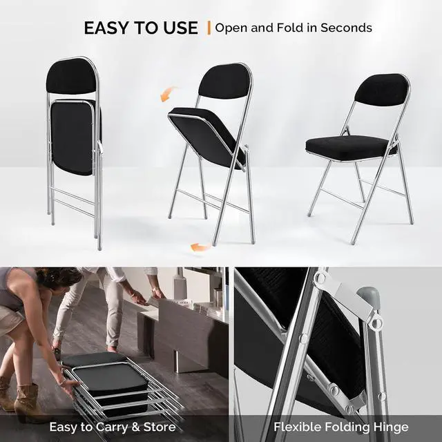 Alt view image 5 of 7 - 4 Pack Folding Chairs with Padded Seat & Backrest, Metal Frame, Durable Corduroy Fabric, 350 lbs Capacity, Set of 4, Black Ideal for Weddings, Parties, Office Events