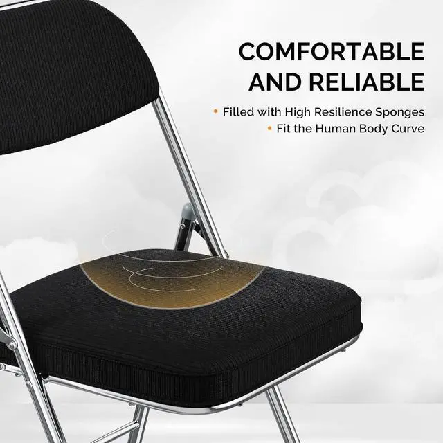 Alt view image 6 of 7 - 4 Pack Folding Chairs with Padded Seat & Backrest, Metal Frame, Durable Corduroy Fabric, 350 lbs Capacity, Set of 4, Black Ideal for Weddings, Parties, Office Events