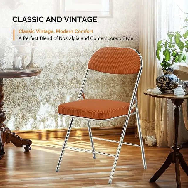 Alt view image 3 of 7 - 6 Pack Folding Chairs with Padded Seat & Backrest, Metal Frame, Durable Corduroy Fabric, 350 lbs Capacity, Set of 6, Orange Ideal for Weddings, Parties, Office Events