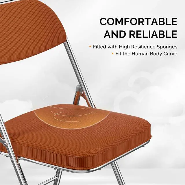 Alt view image 4 of 7 - 6 Pack Folding Chairs with Padded Seat & Backrest, Metal Frame, Durable Corduroy Fabric, 350 lbs Capacity, Set of 6, Orange Ideal for Weddings, Parties, Office Events