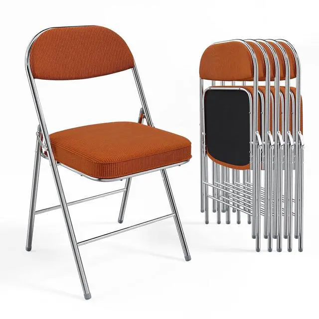 Main image of 6 Pack Folding Chairs with Padded Seat & Backrest, Metal Frame, Durable Corduroy Fabric, 350 lbs Capacity, Set of 6, Orange Ideal for Weddings, Parties, Office Events