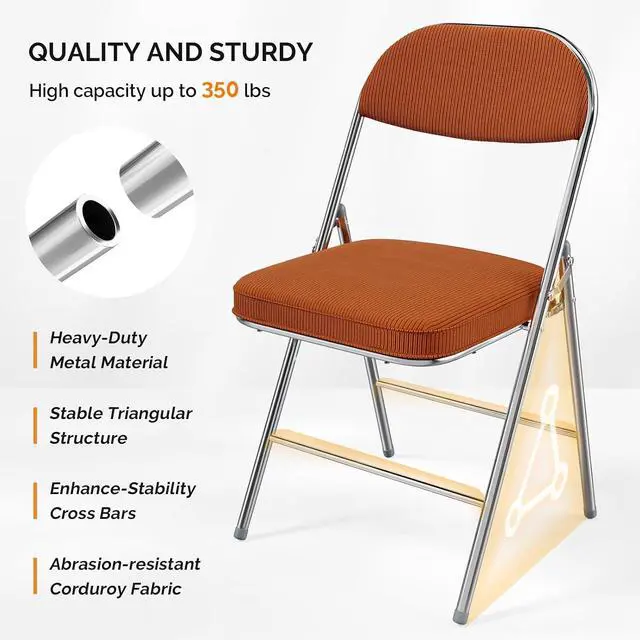 Alt view image 5 of 7 - 6 Pack Folding Chairs with Padded Seat & Backrest, Metal Frame, Durable Corduroy Fabric, 350 lbs Capacity, Set of 6, Orange Ideal for Weddings, Parties, Office Events