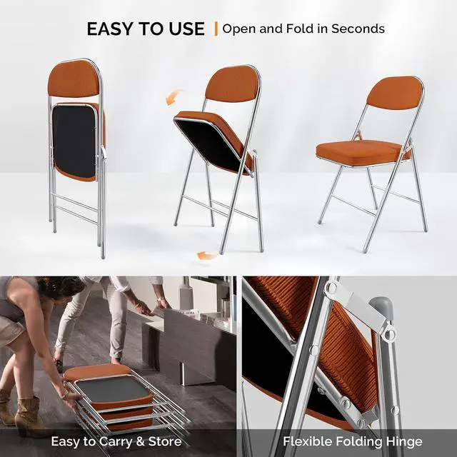 Alt view image 6 of 7 - 6 Pack Folding Chairs with Padded Seat & Backrest, Metal Frame, Durable Corduroy Fabric, 350 lbs Capacity, Set of 6, Orange Ideal for Weddings, Parties, Office Events