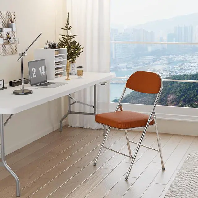 Alt view image 7 of 7 - 6 Pack Folding Chairs with Padded Seat & Backrest, Metal Frame, Durable Corduroy Fabric, 350 lbs Capacity, Set of 6, Orange Ideal for Weddings, Parties, Office Events