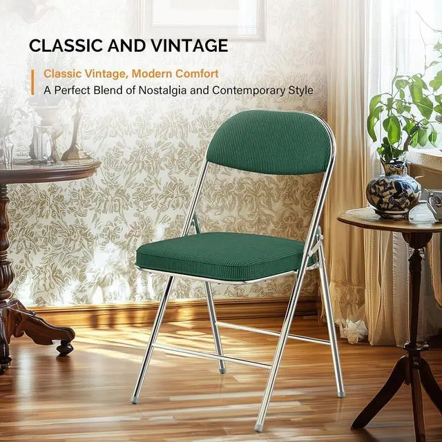 Alt view image 3 of 7 - 4 Pack Folding Chairs with Padded Seat & Backrest, Metal Frame, Durable Corduroy Fabric, 350 lbs Capacity, Set of 4, Olive Green Ideal for Weddings, Parties, Office Events