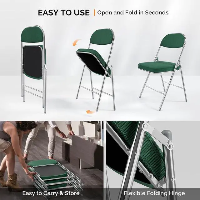 Alt view image 5 of 7 - 4 Pack Folding Chairs with Padded Seat & Backrest, Metal Frame, Durable Corduroy Fabric, 350 lbs Capacity, Set of 4, Olive Green Ideal for Weddings, Parties, Office Events
