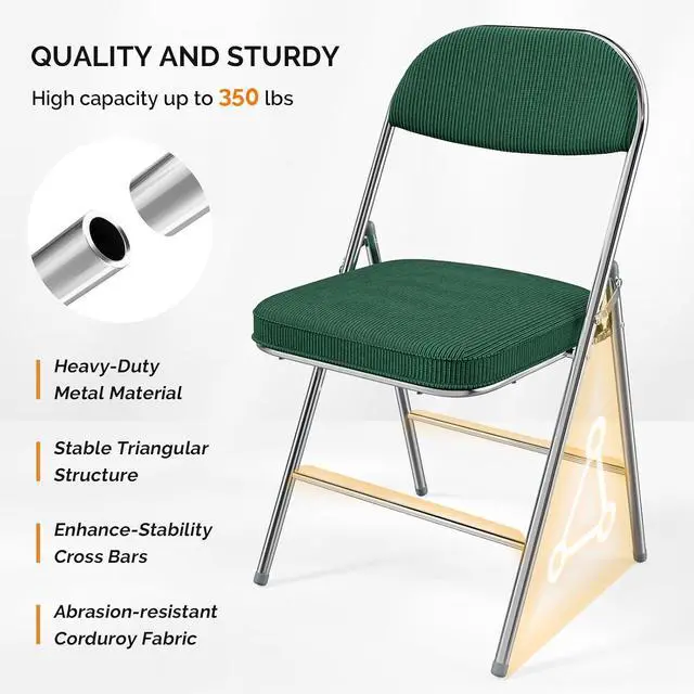 Alt view image 4 of 7 - 4 Pack Folding Chairs with Padded Seat & Backrest, Metal Frame, Durable Corduroy Fabric, 350 lbs Capacity, Set of 4, Olive Green Ideal for Weddings, Parties, Office Events