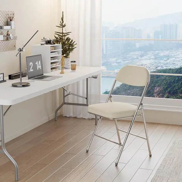 Alt view image 2 of 7 - 4 Pack Folding Chairs with Padded Seat & Backrest, Metal Frame, Durable Corduroy Fabric, 350 lbs Capacity, Set of 4, Off-White Ideal for Weddings, Parties, Office Events