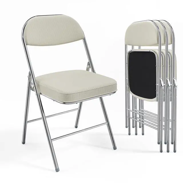 Main image of 4 Pack Folding Chairs with Padded Seat & Backrest, Metal Frame, Durable Corduroy Fabric, 350 lbs Capacity, Set of 4, Off-White Ideal for Weddings, Parties, Office Events