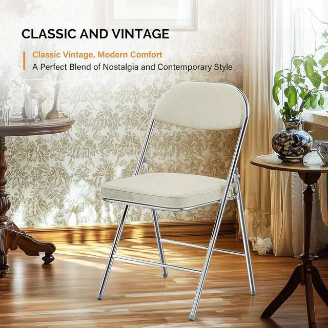 Alt view image 4 of 7 - 2 Pack Folding Chairs with Padded Seat & Backrest, Metal Frame, Durable Corduroy Fabric, 350 lbs Capacity, Set of 2, Off-White Ideal for Weddings, Parties, Office Events