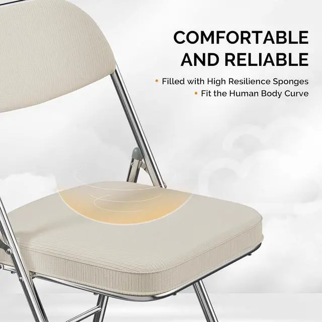 Alt view image 6 of 7 - 2 Pack Folding Chairs with Padded Seat & Backrest, Metal Frame, Durable Corduroy Fabric, 350 lbs Capacity, Set of 2, Off-White Ideal for Weddings, Parties, Office Events