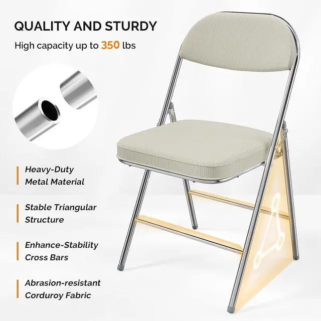 Alt view image 5 of 7 - 2 Pack Folding Chairs with Padded Seat & Backrest, Metal Frame, Durable Corduroy Fabric, 350 lbs Capacity, Set of 2, Off-White Ideal for Weddings, Parties, Office Events