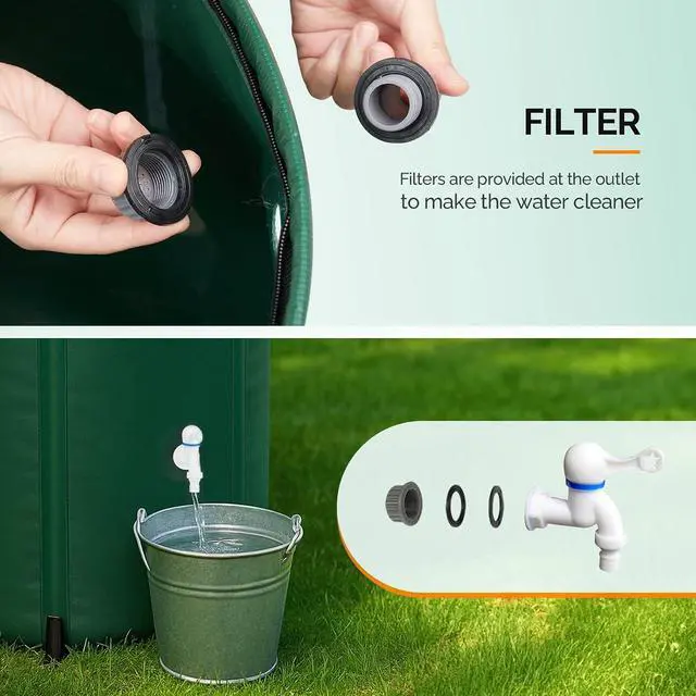 Alt view image 7 of 7 - PVC 50 Gallon Collapsible Rain Barrel (Green, 100 Gallon) | Upgraded Foldable PVC Rain Water Collection Barrel, Water Barrel with Filter Mesh, Double-Seal Spigot & Overflow Connector