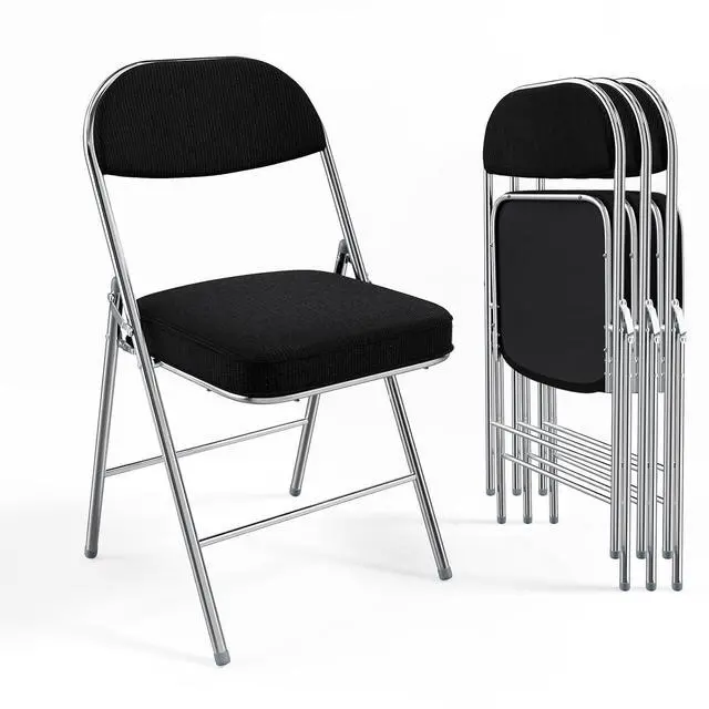Main image of 4 Pack Folding Chairs with Padded Seat & Backrest, Metal Frame, Durable Corduroy Fabric, 350 lbs Capacity, Set of 4, Black Ideal for Weddings, Parties, Office Events