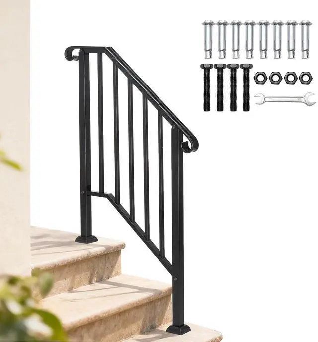 Main image of Handrails for Outdoor Steps, Stair Handrail Fits 1 to 5 Steps, Wrought Iron Hand Rail Stair Railing Kit for Concrete/Porch/Wooden Steps (1, Black, 2 to 3 Steps)