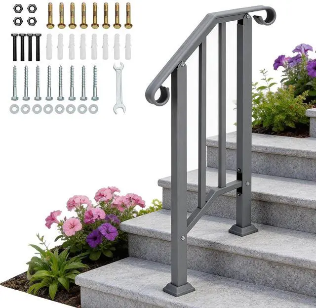 Main image of Handrails for Outdoor Steps, Stair Handrail Fits 1 to 5 Steps, Wrought Iron Hand Rail Stair Railing Kit for Concrete/Porch/Wooden Steps (1, Silver Grey, 1 to 2 Steps)