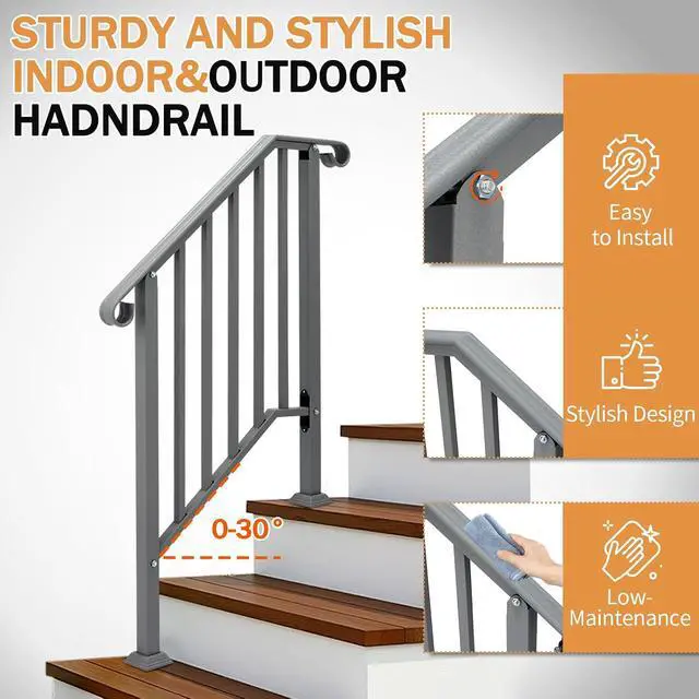 Alt view image 2 of 7 - Handrails for Outdoor Steps, Stair Handrail Fits 1 to 5 Steps, Wrought Iron Hand Rail Stair Railing Kit for Concrete/Porch/Wooden Steps (1, Silver Grey, 2 to 3 Steps)